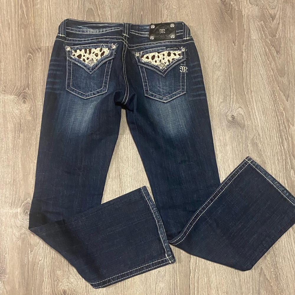 Miss Me Low Rise Boot Cut Jeans JW5188B4V Dark Wash Leopard Pocket 29 - Picture 6 of 10